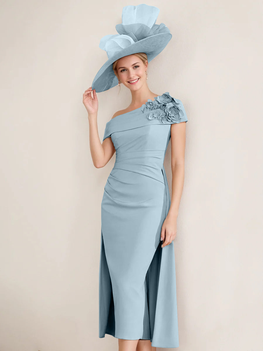 Sheath/Column Off-The-Shoulder Pleated Tea-Length Mother Of The Bride Dresses With 3D Flower BabaMila