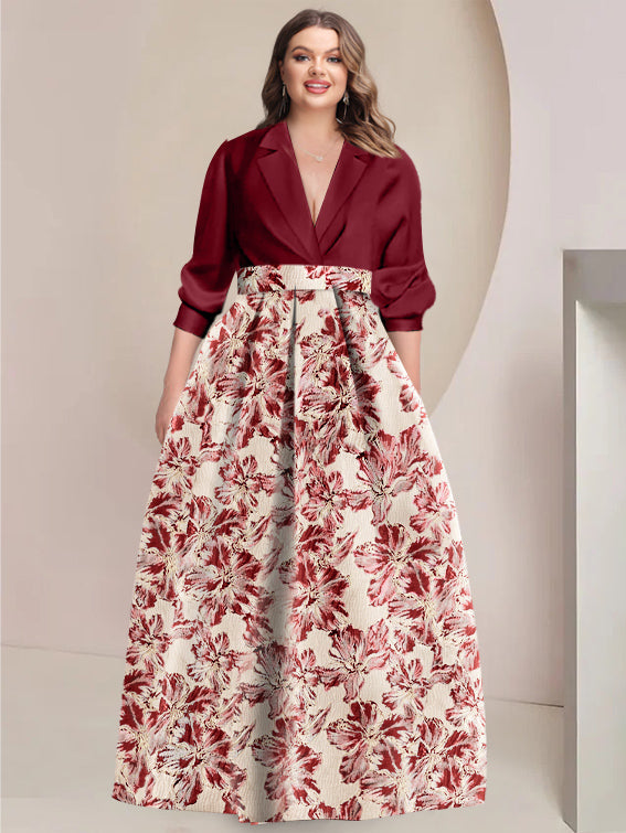 A-Line/Princess Shirt Collar 3/4 Sleeves Printed Flower Plus Size Mother Of The Bride & Groom Dresses BabaMila