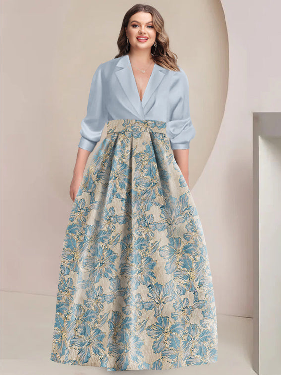 A-Line/Princess Shirt Collar 3/4 Sleeves Printed Flower Plus Size Mother Of The Bride & Groom Dresses BabaMila