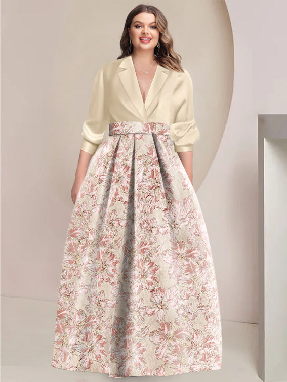 A-Line/Princess Shirt Collar 3/4 Sleeves Printed Flower Plus Size Mother Of The Bride & Groom Dresses BabaMila