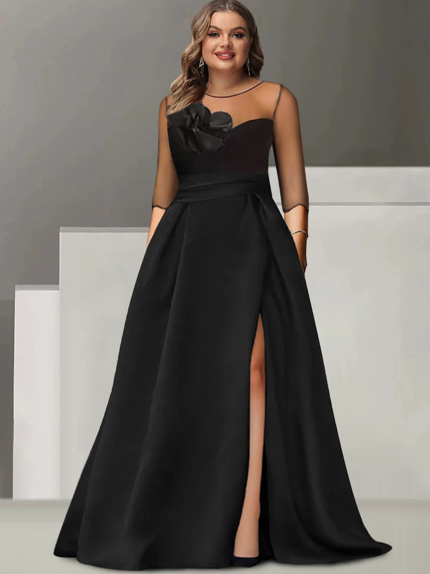 A-Line/Princess Sweetheart 3/4 Sleeves Plus Size Mother Of The Bride Dresses With Lace Flower & High Split BabaMila