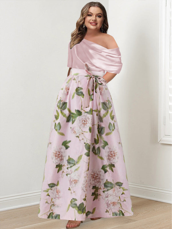 A-Line/Princess One-Shoulder Printed Flower Plus Size Mother Of The Bride Dresses With Bow Belt BabaMila