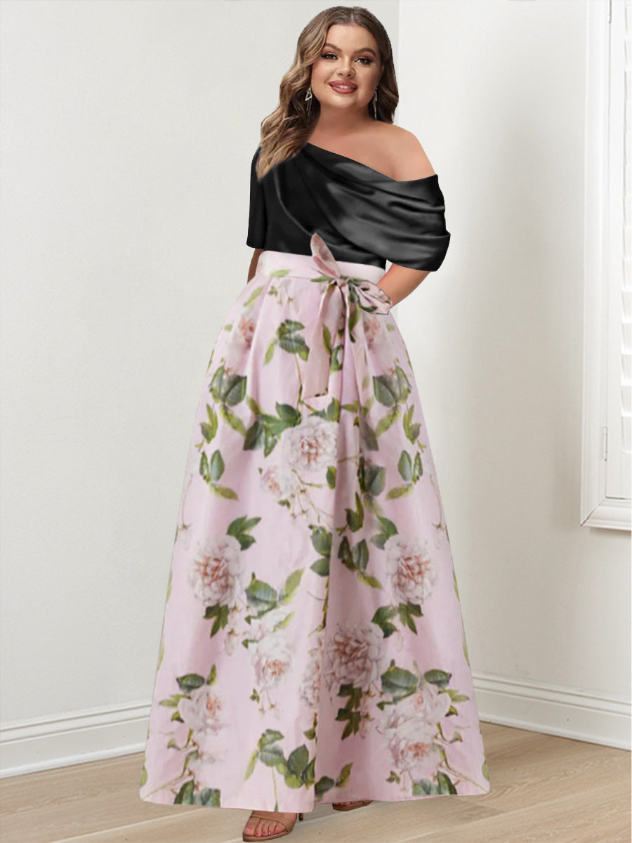 A-Line/Princess One-Shoulder Printed Flower Plus Size Mother Of The Bride Dresses With Bow Belt BabaMila