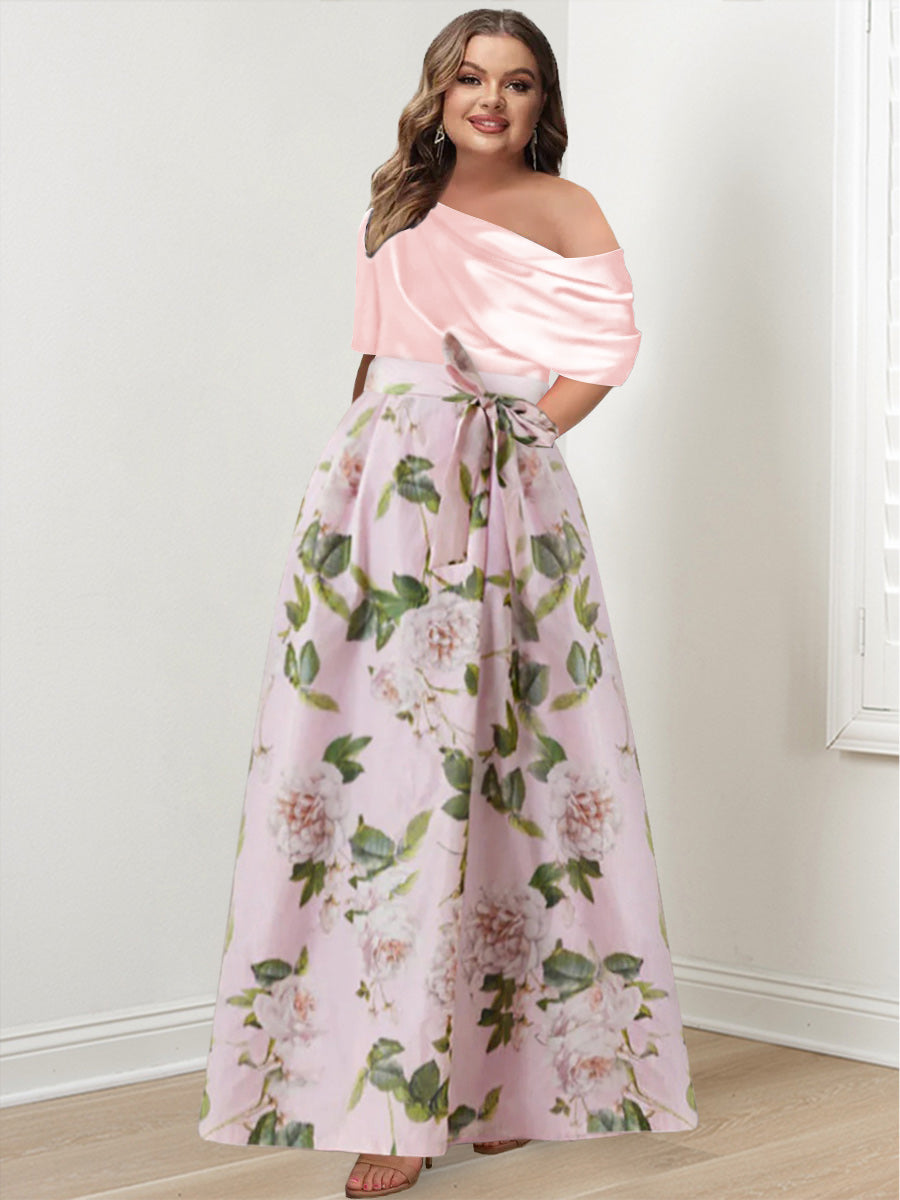 A-Line/Princess One-Shoulder Printed Flower Plus Size Mother Of The Bride Dresses With Bow Belt BabaMila