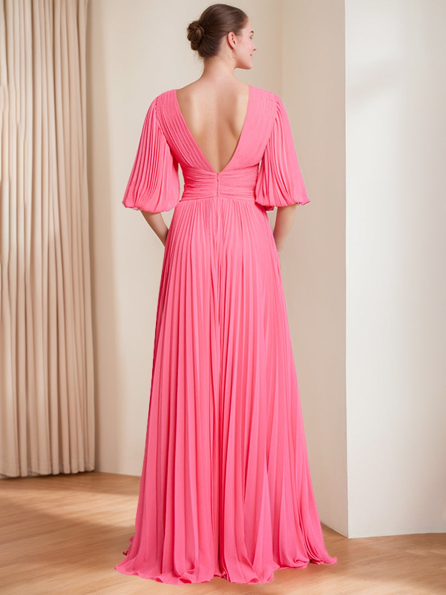 A-Line/Princess V-Neck 3/4 Sleeves Pleated Chiffon Chic Mother Of The Bride & Groom Dresses BabaMila