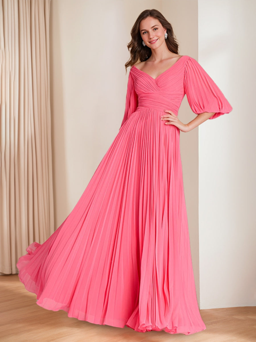 A-Line/Princess V-Neck 3/4 Sleeves Pleated Chiffon Chic Mother Of The Bride & Groom Dresses BabaMila