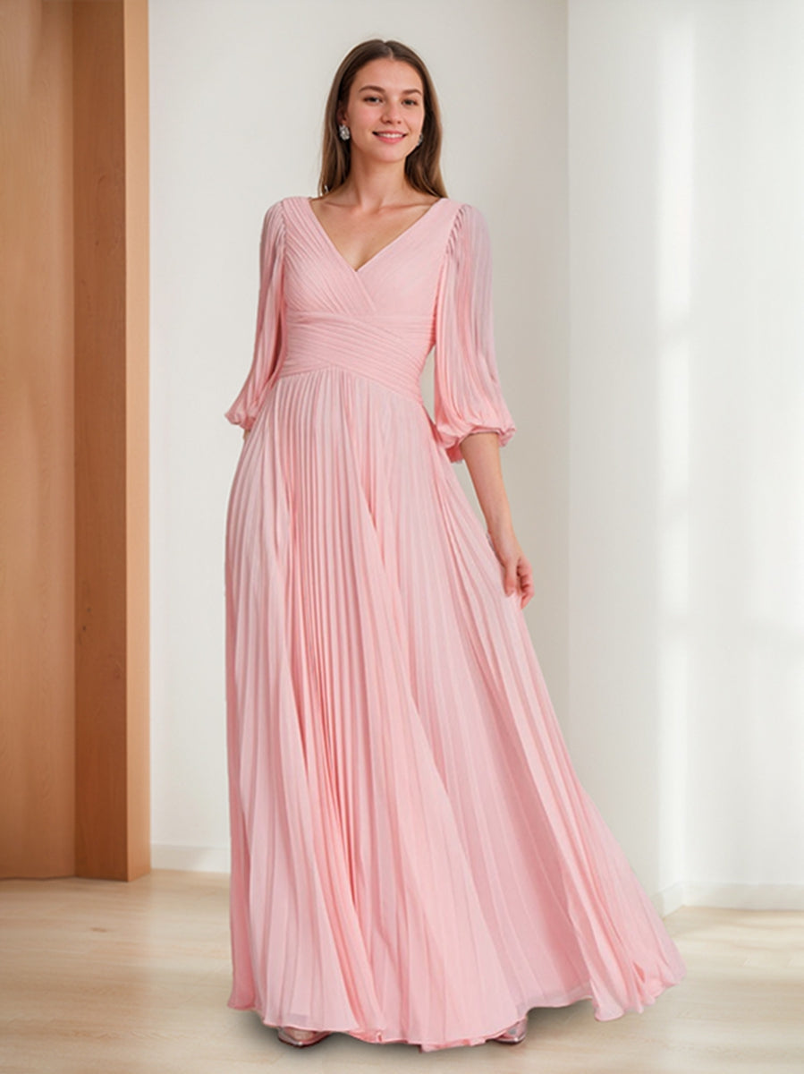 A-Line/Princess V-Neck 3/4 Sleeves Pleated Chiffon Chic Mother Of The Bride & Groom Dresses BabaMila