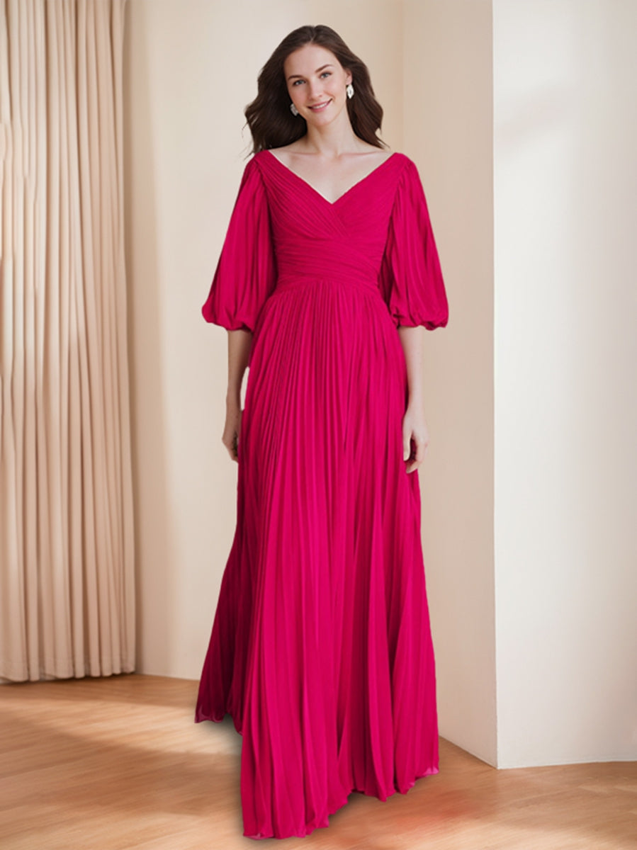 A-Line/Princess V-Neck 3/4 Sleeves Pleated Chiffon Chic Mother Of The Bride & Groom Dresses BabaMila