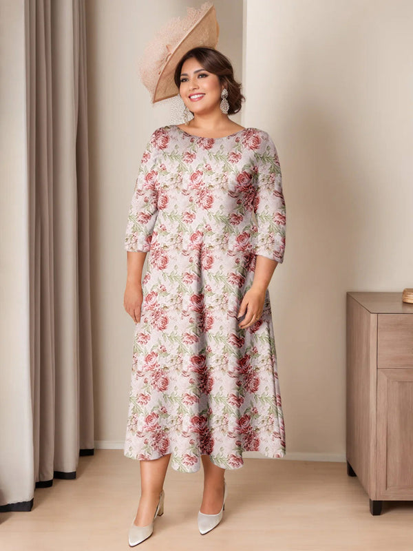 A-Line/Princess Scoop 3/4 Length Sleeves Ankle-Length Printed Floral Elegant Plus Size Mother Of The Bride Dresses BabaMila