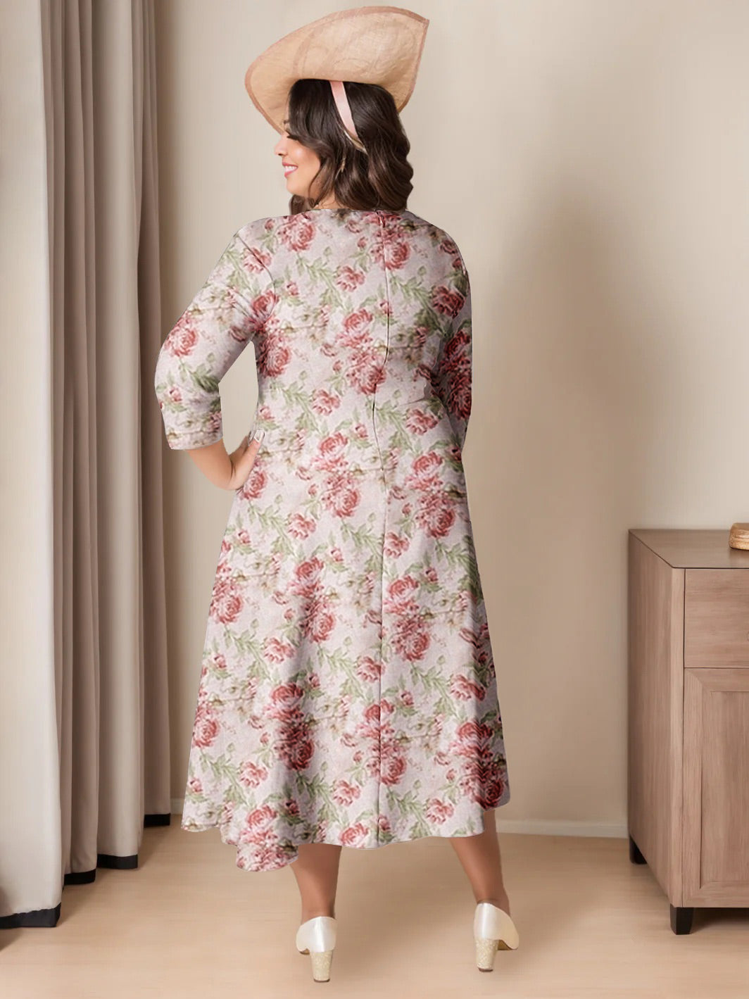 A-Line/Princess Scoop 3/4 Length Sleeves Ankle-Length Printed Floral Elegant Plus Size Mother Of The Bride Dresses BabaMila