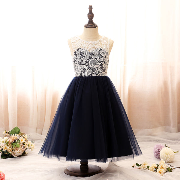 Boat Neck Sleeveless Knee-Length Tulle/Lace Girls Birthday Dresses Girls Gidiondress