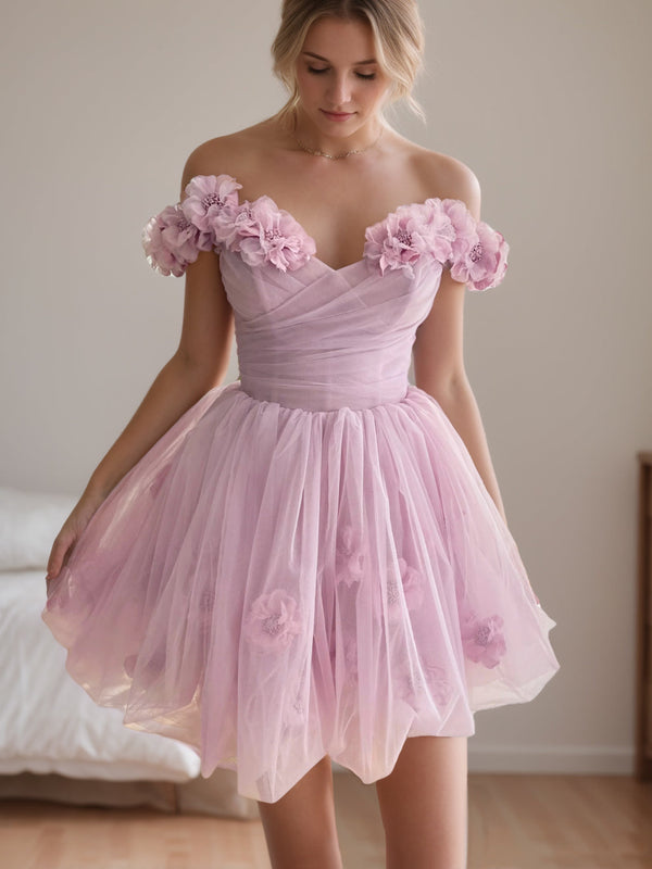 A-Line/Princess Sweetheart Off-the-shoulder Straps Sleeves Short/Mini Party Dance Cocktail Homecoming Dress With Handmade Flowers/Pleats BabaMila