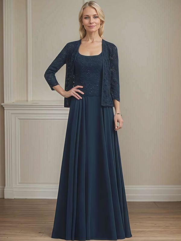 A-Line Square Neck Long Sleeve Floor-Length Lace/Chiffon/Sequins Mother of the Bride Dress With Jacket BabaMila