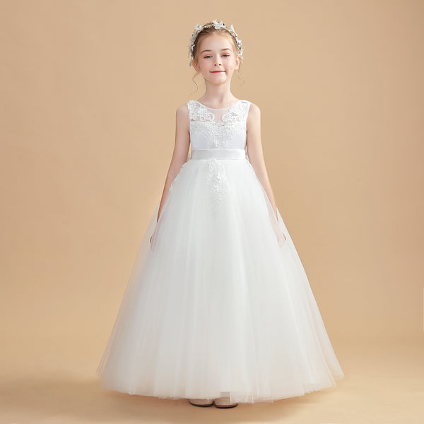 Ball Gown Sleeveless Scoop Neck Floor-Length Tulle/Lace/Satin Flower Girl Dresses/First Communion Dress With Appliques/Bow Girls Gidiondress