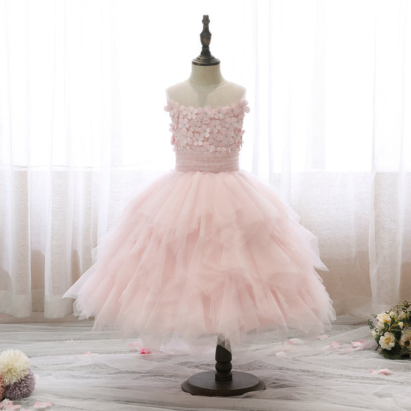 Boat Neck Sleeveless Knee-Length Satin/Tulle Girls Birthday Dresses With 3D Flower/Belt/Beads Girls Gidiondress
