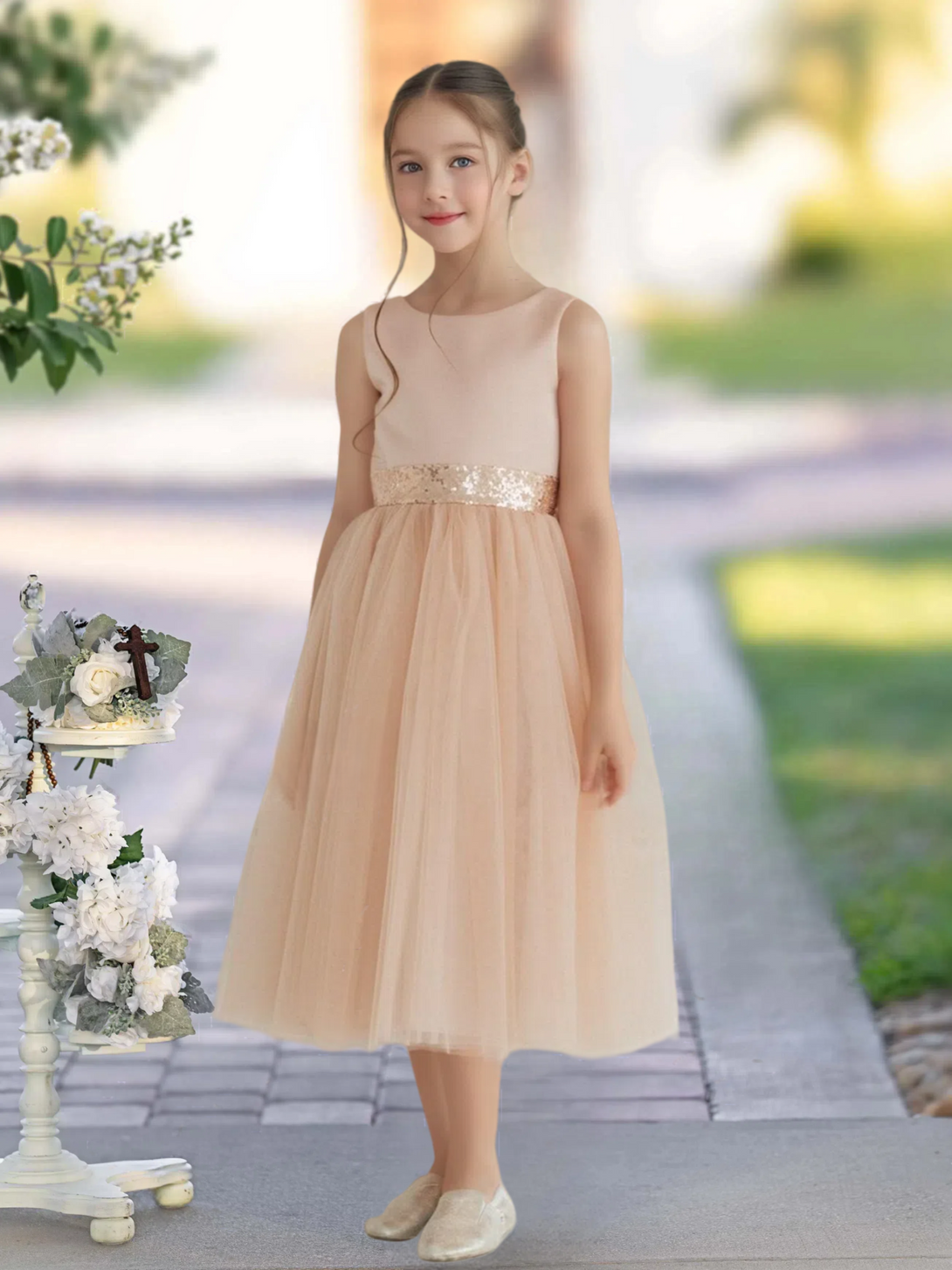 A-Line Scoop Neck Classic Sleeveless Tea-Length Sequins/Satin/Tulle Girls Birthday Dresses With Belt/Bow Gidiondress