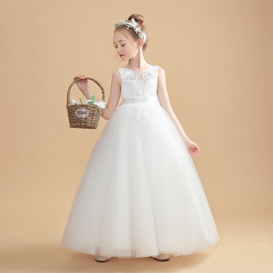 Ball Gown Sleeveless Scoop Neck Floor-Length Tulle/Lace/Satin Flower Girl Dresses/First Communion Dress With Appliques/Bow Girls Gidiondress