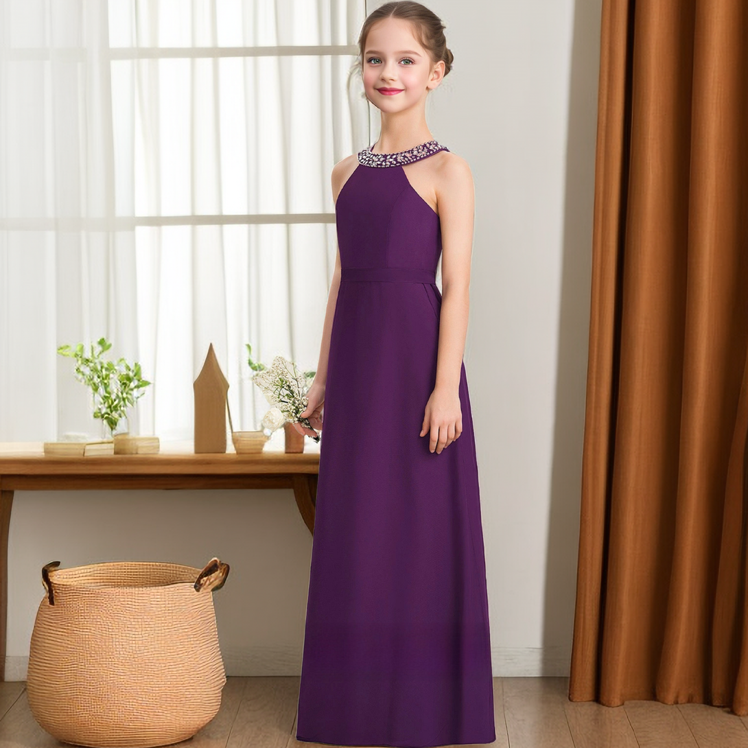 Floor-Length Chiffon Junior Bridesmaid Dresses/Girls Birthday Dresses With Beads/Belt Girls Gidiondress