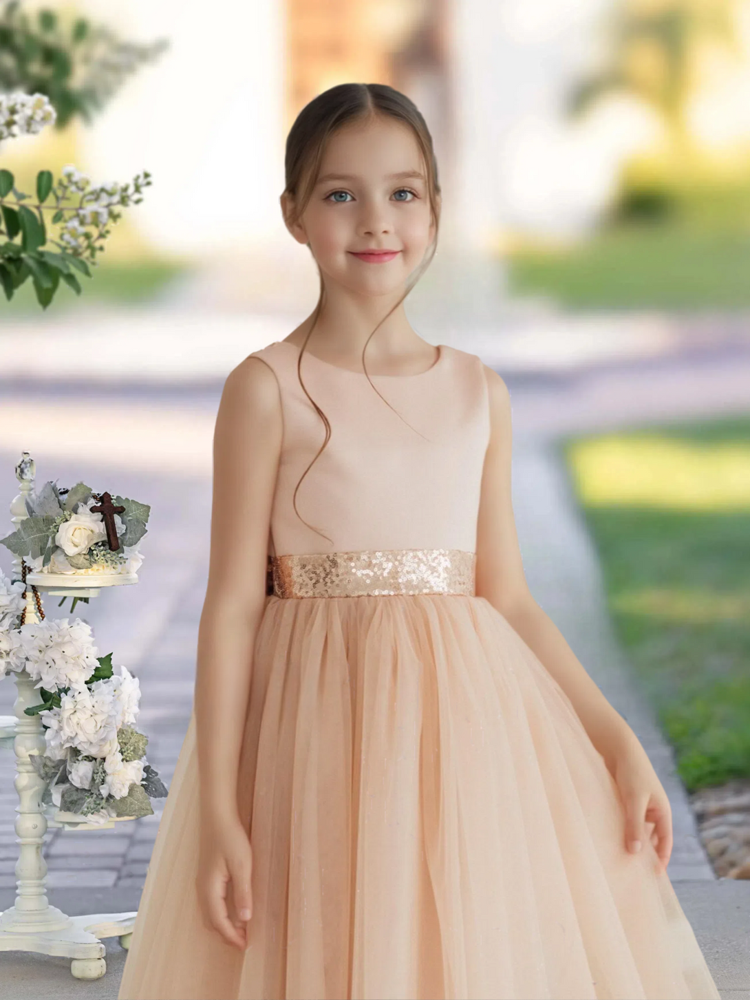 A-Line Scoop Neck Classic Sleeveless Tea-Length Sequins/Satin/Tulle Girls Birthday Dresses With Belt/Bow Gidiondress