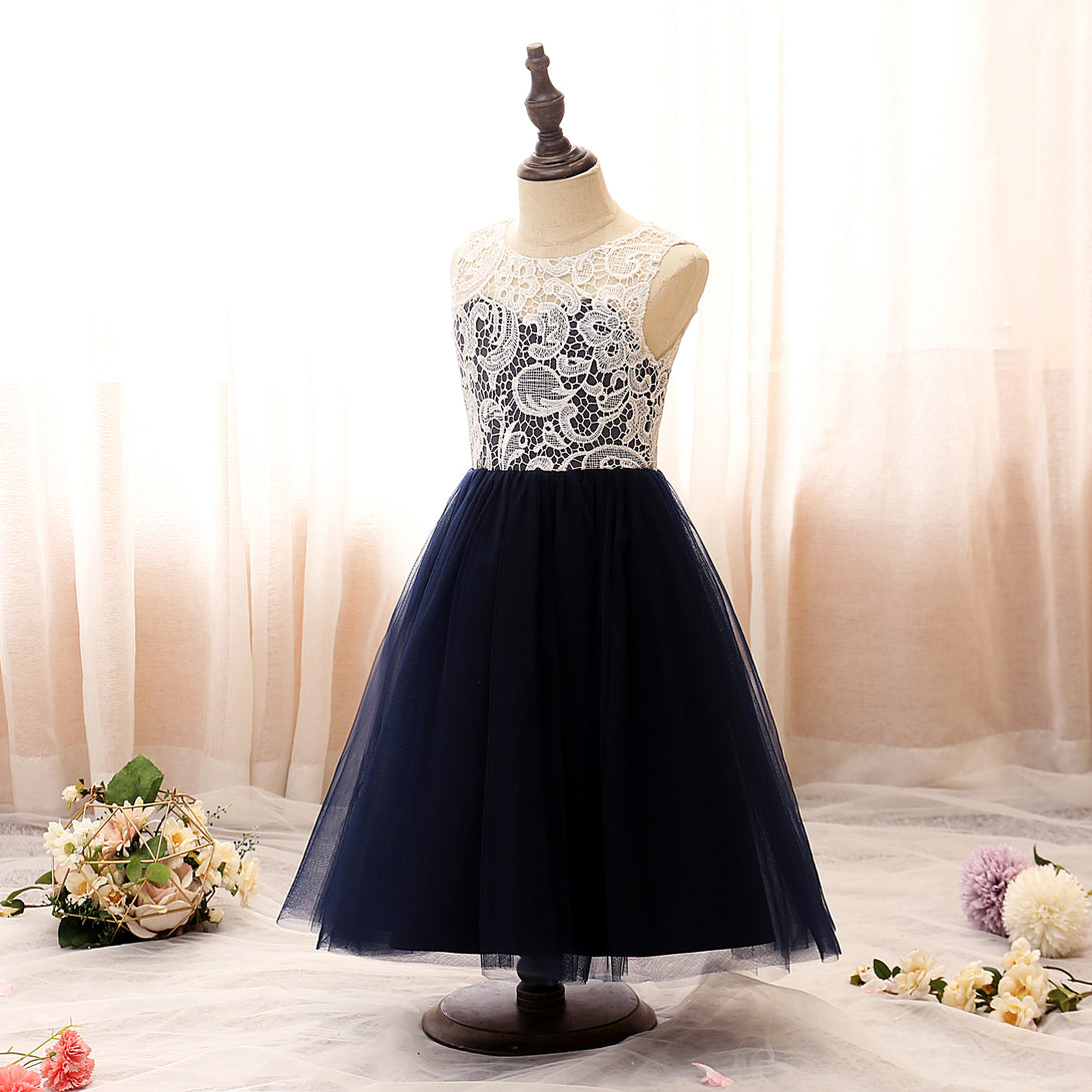 Boat Neck Sleeveless Knee-Length Tulle/Lace Girls Birthday Dresses Girls Gidiondress
