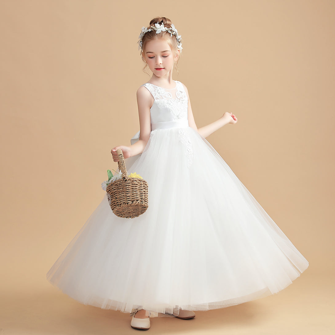 Ball Gown Sleeveless Scoop Neck Floor-Length Tulle/Lace/Satin Flower Girl Dresses/First Communion Dress With Appliques/Bow Girls Gidiondress