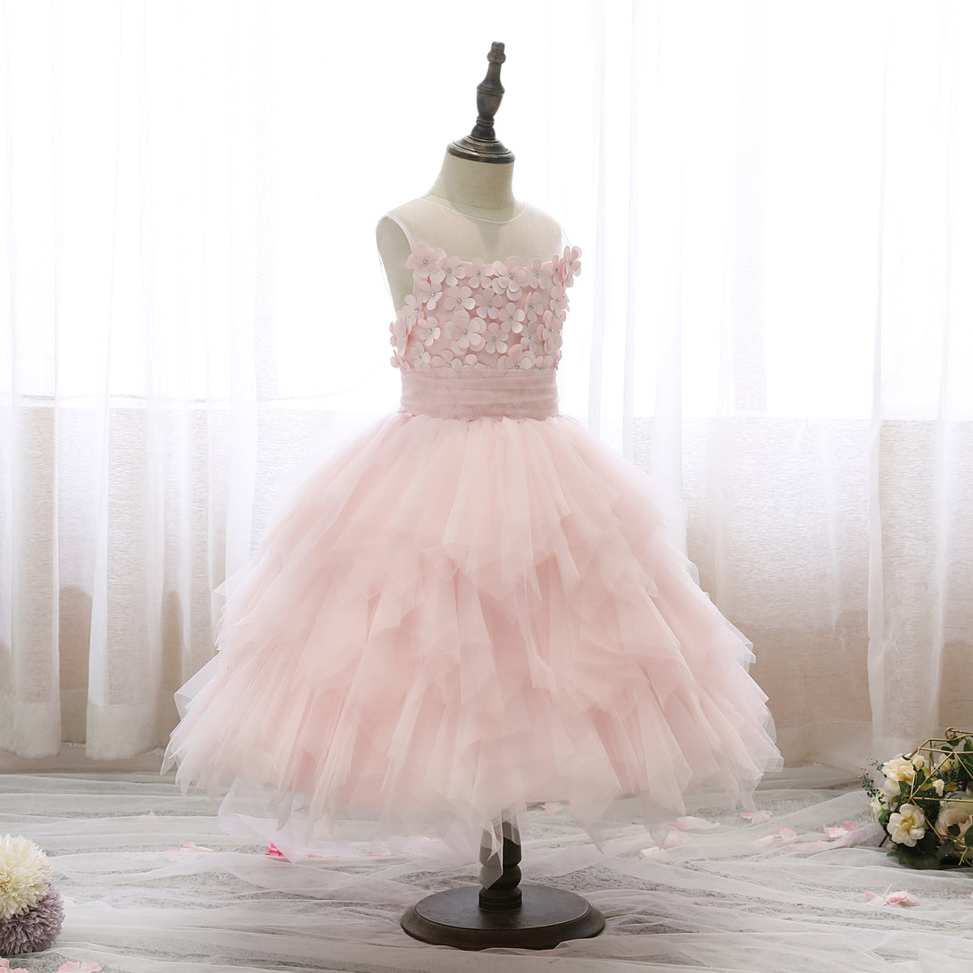 Boat Neck Sleeveless Knee-Length Satin/Tulle Girls Birthday Dresses With 3D Flower/Belt/Beads Girls Gidiondress