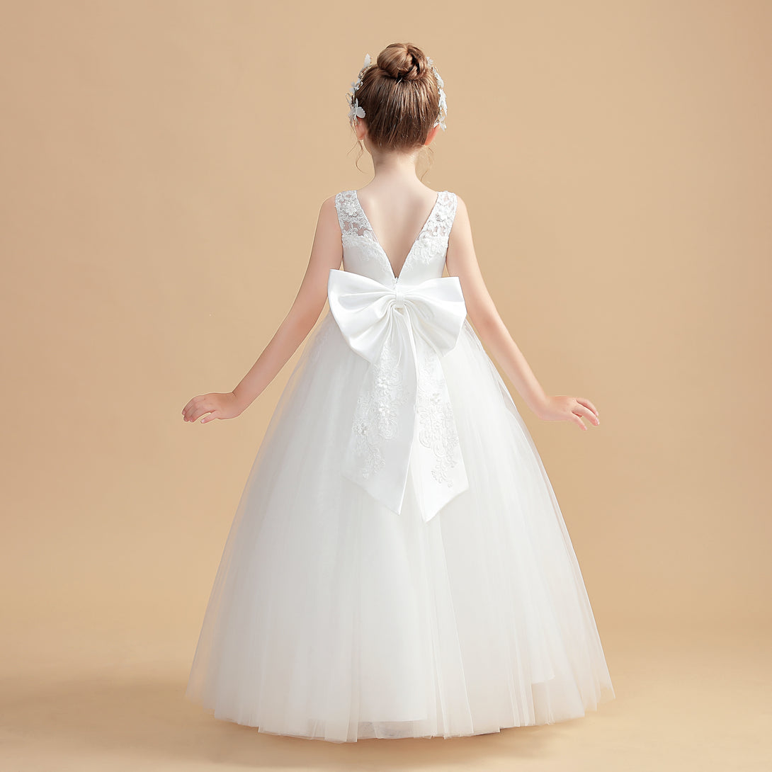 Ball Gown Sleeveless Scoop Neck Floor-Length Tulle/Lace/Satin Flower Girl Dresses/First Communion Dress With Appliques/Bow Girls Gidiondress