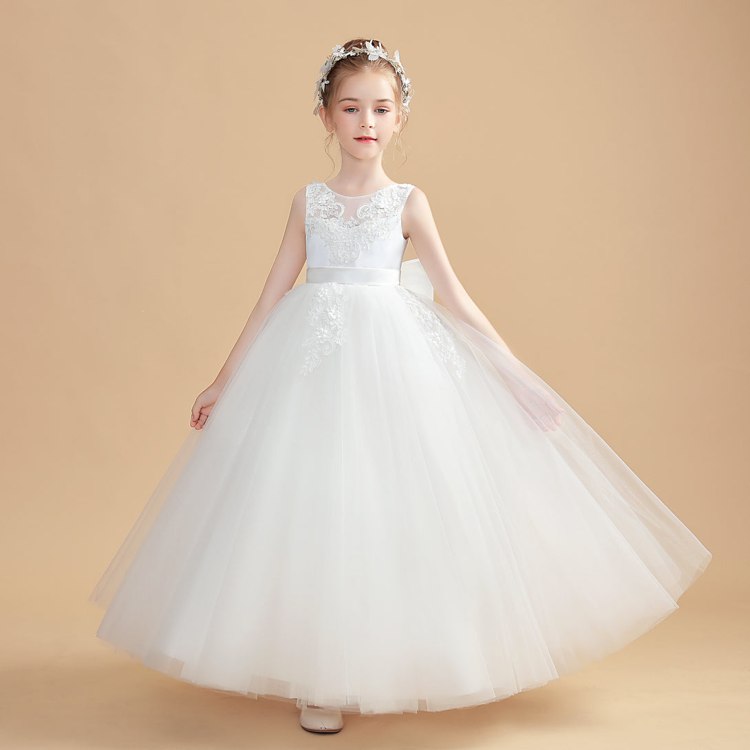 Ball Gown Sleeveless Scoop Neck Floor-Length Tulle/Lace/Satin Flower Girl Dresses/First Communion Dress With Appliques/Bow Girls Gidiondress
