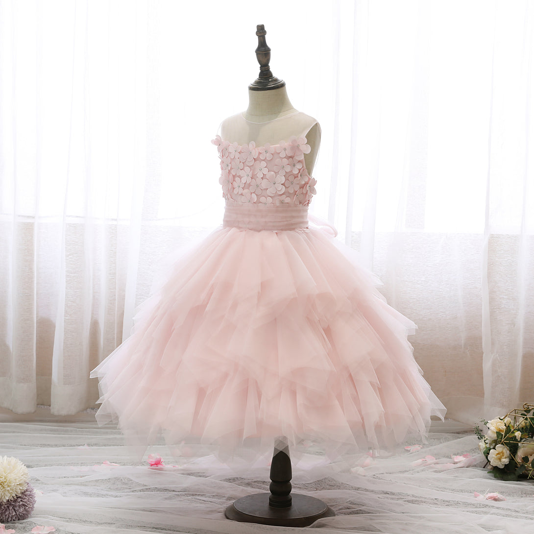 Boat Neck Sleeveless Knee-Length Satin/Tulle Girls Birthday Dresses With 3D Flower/Belt/Beads Girls Gidiondress