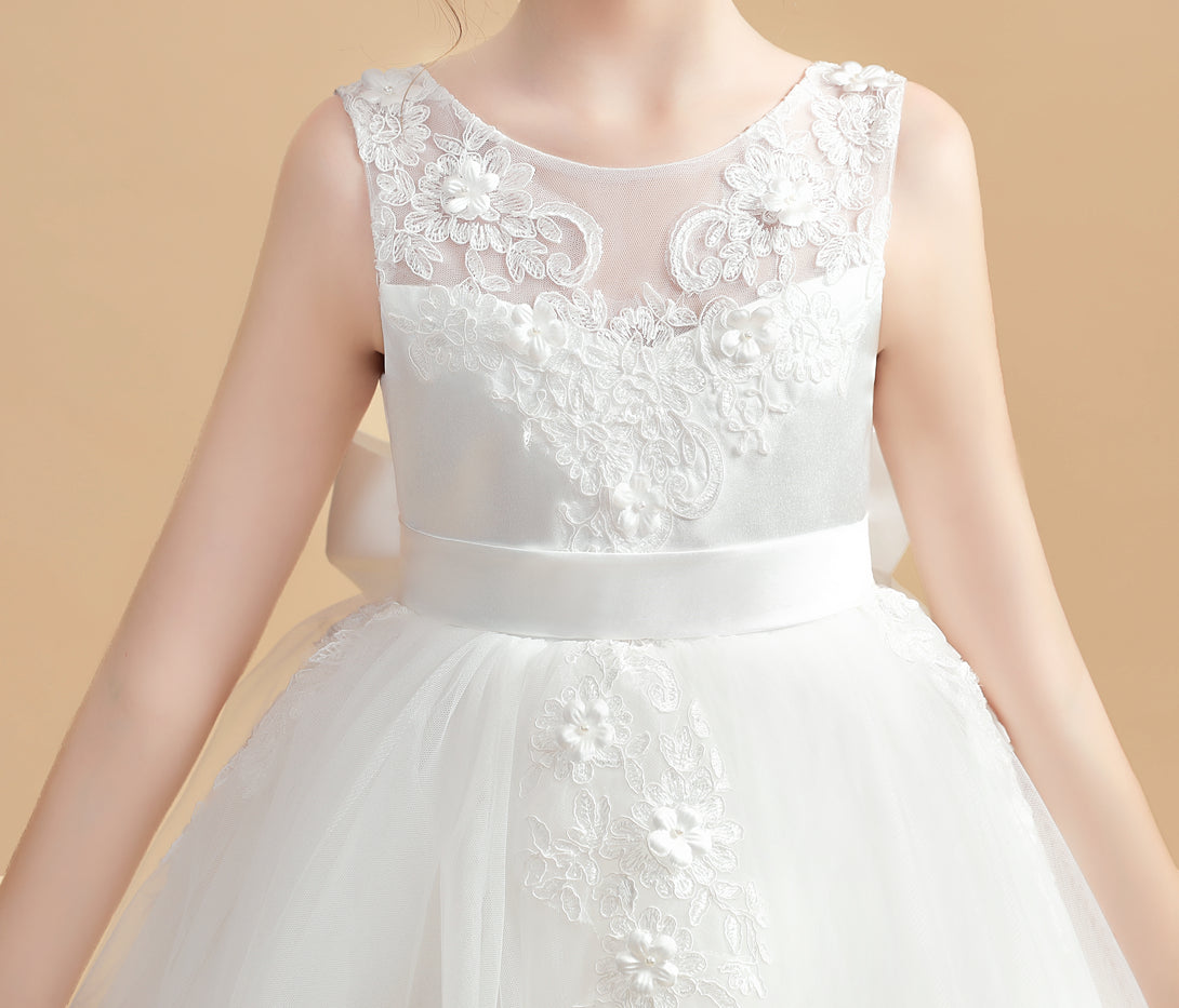 Ball Gown Sleeveless Scoop Neck Floor-Length Tulle/Lace/Satin Flower Girl Dresses/First Communion Dress With Appliques/Bow Girls Gidiondress