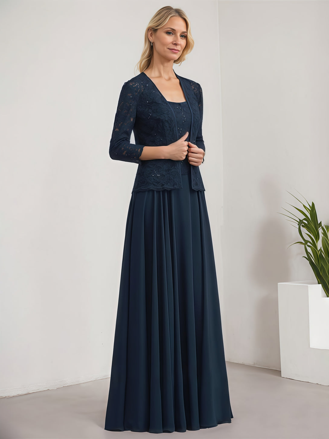 A-Line Square Neck Long Sleeve Floor-Length Lace/Chiffon/Sequins Mother of the Bride Dress With Jacket BabaMila
