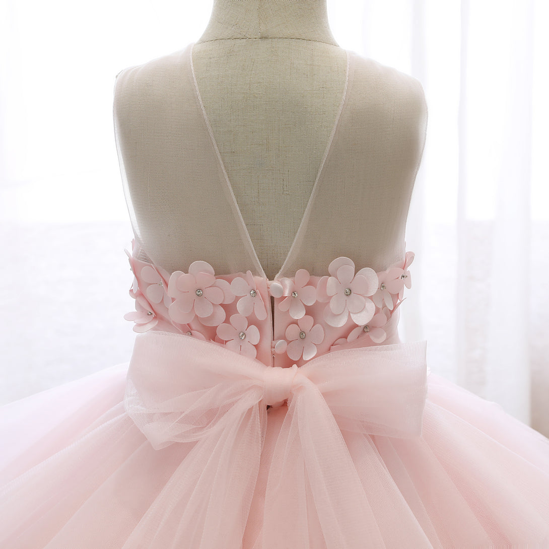 Boat Neck Sleeveless Knee-Length Satin/Tulle Girls Birthday Dresses With 3D Flower/Belt/Beads Girls Gidiondress