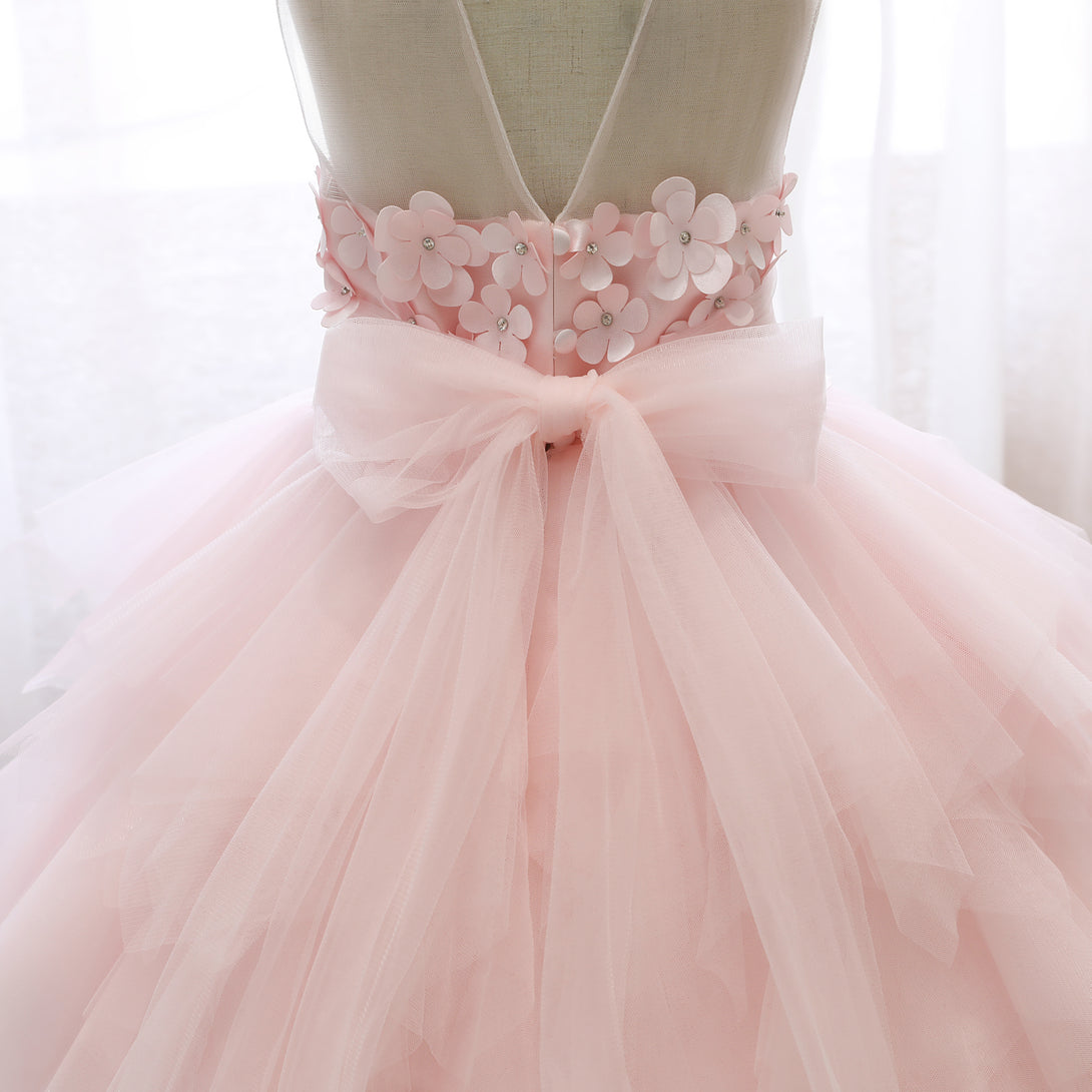 Boat Neck Sleeveless Knee-Length Satin/Tulle Girls Birthday Dresses With 3D Flower/Belt/Beads Girls Gidiondress