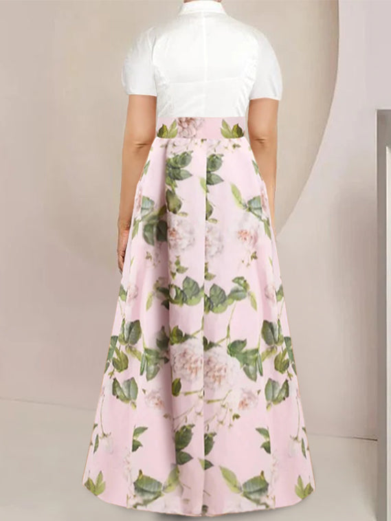 A-Line/Princess Shirt Collar Short Sleeves Floor-Length Printed Floral Plus Size Mother Of The Bride Dresses With Bow Belt BabaMila