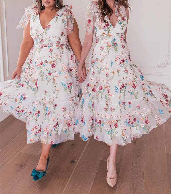 A-Line/Princess V-Neck Sleeveless Ankel-Length Floral Formal Party Dresses With Flowers BabaMila