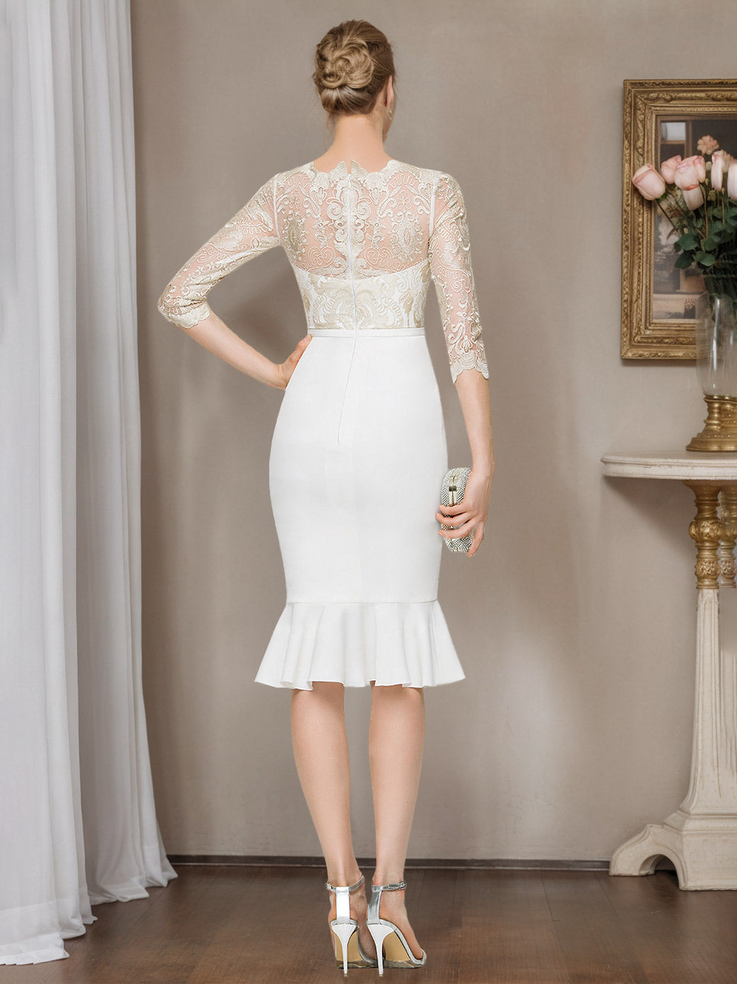 Sheath/Column Scoop Half Sleeves Knee-Length Lace Wedding Dress With Appliques BabaMila