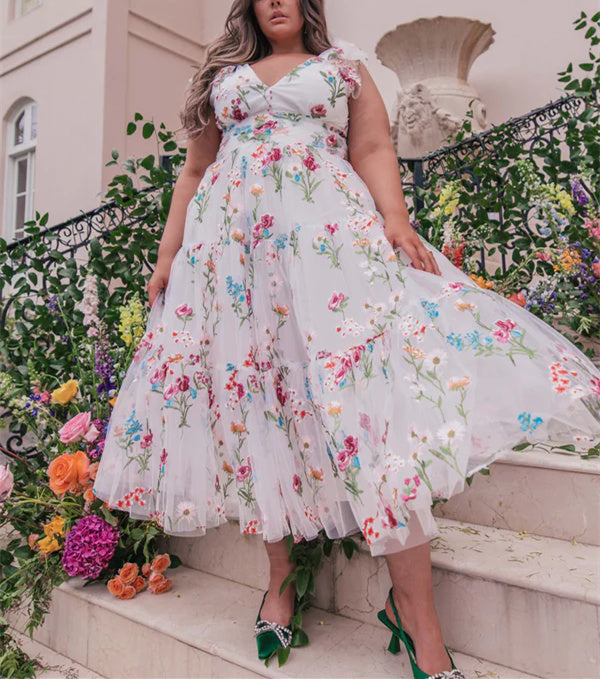 A-Line/Princess V-Neck Sleeveless Ankel-Length Floral Formal Party Dresses With Flowers BabaMila