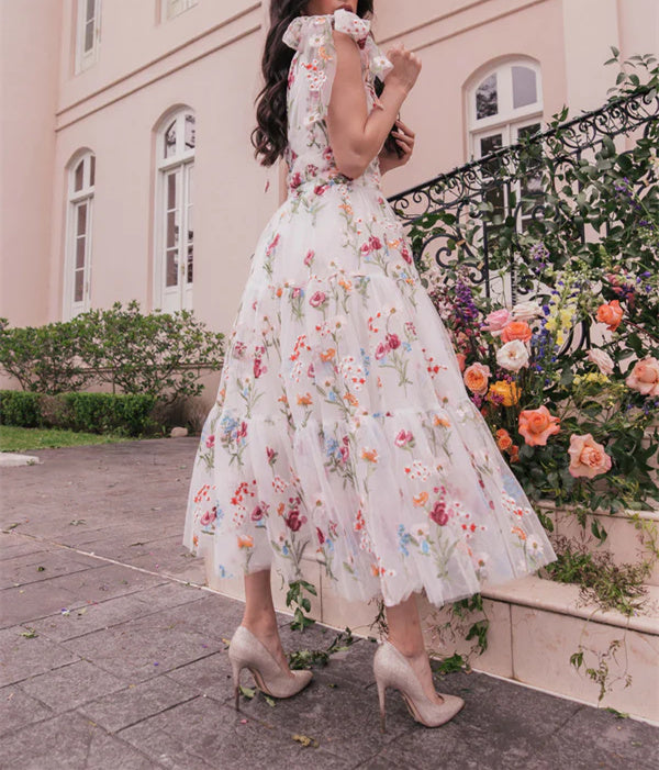 A-Line/Princess V-Neck Sleeveless Ankel-Length Floral Formal Party Dresses With Flowers BabaMila