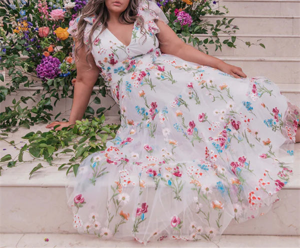 A-Line/Princess V-Neck Sleeveless Ankel-Length Floral Formal Party Dresses With Flowers BabaMila