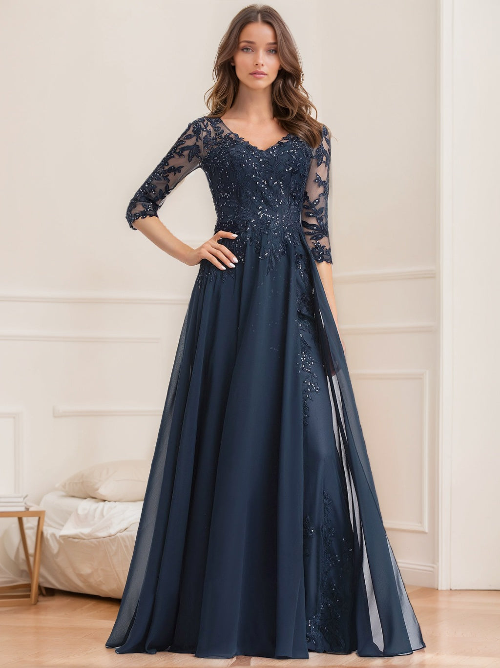 A-Line/Princess V-Neck Half Sleeves Floor-Length Mother Of The Bride Dresses With Sequins BabaMila