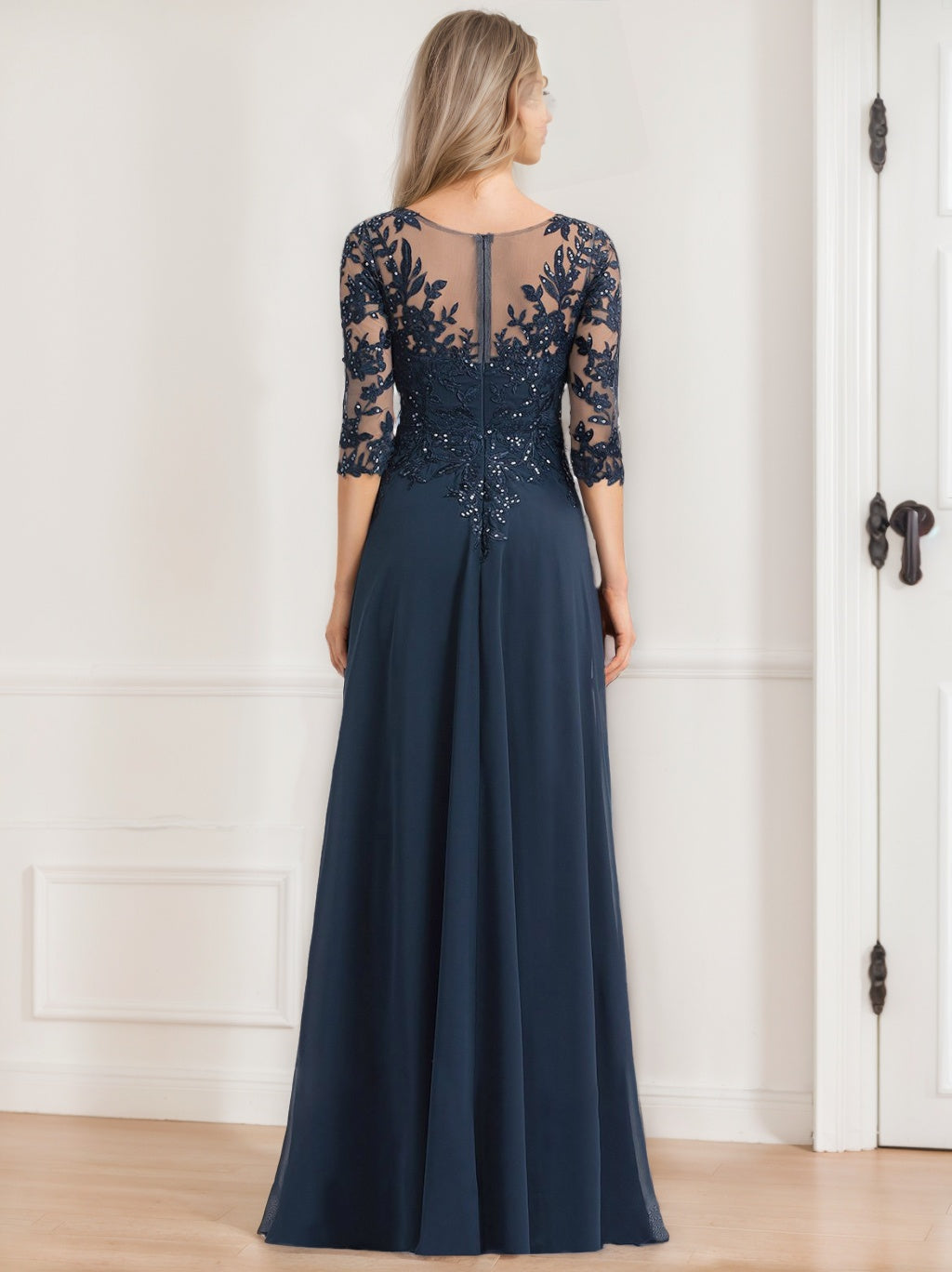 A-Line/Princess V-Neck Half Sleeves Floor-Length Mother Of The Bride Dresses With Sequins BabaMila