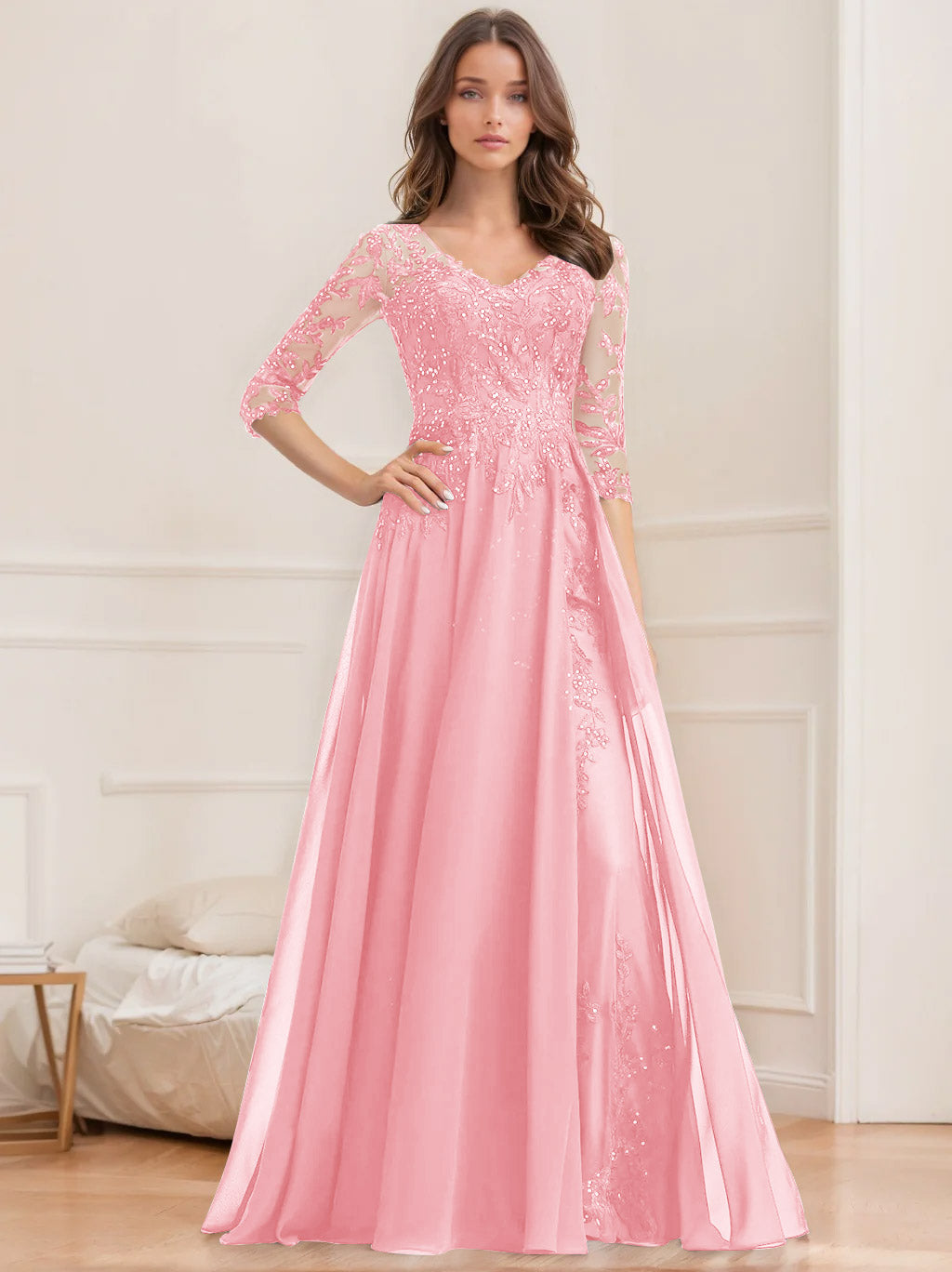 A-Line/Princess V-Neck Half Sleeves Floor-Length Mother Of The Bride Dresses With Sequins BabaMila