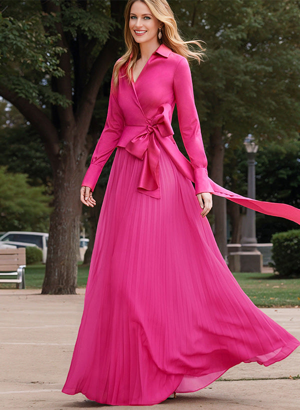 A-Line/Princess V-Neck Floor-Length Long Sleeves Satin Chiffon Two Piece Mother Of The Bride Dresses With Bowknot BabaMila