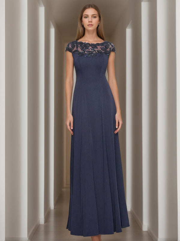 A-Line/Princess Jewel Neck Short Sleeves Floor-Length Mother Of The Bride Dresses With Appliques BabaMila