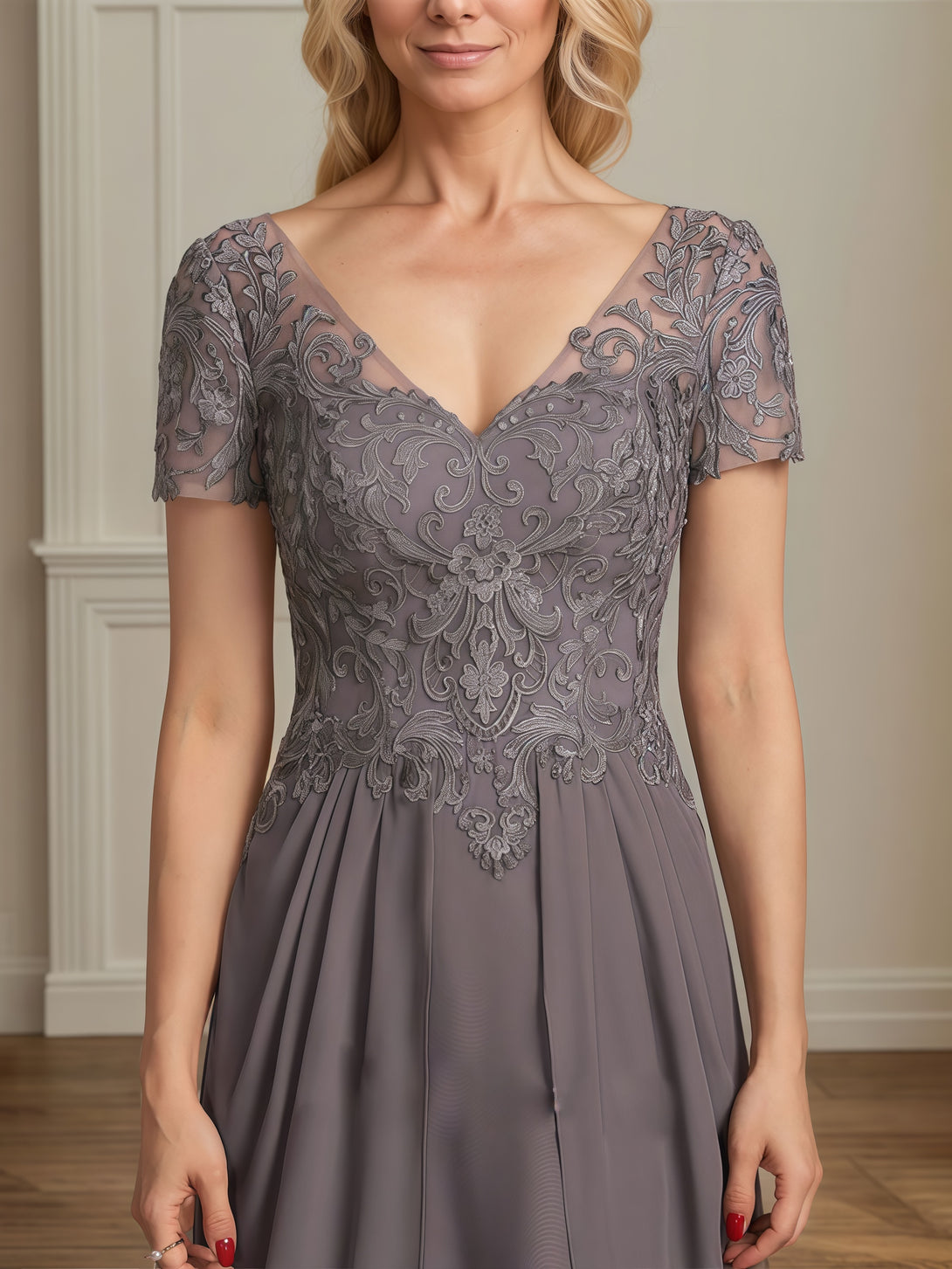 V-Neck Short Sleeve A-Line Floor-Length Lace/Chiffon Mother of the Bride Dress With Pleated/Appliques BabaMila