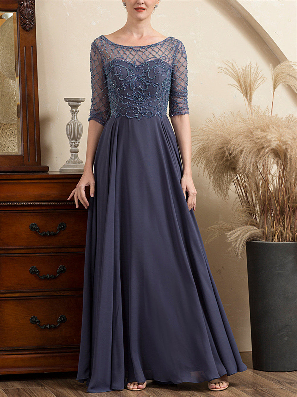 A-Line/Princess Scoop Short Sleeves Floor-Length Beaded Mother Of The Bride Dresses BabaMila