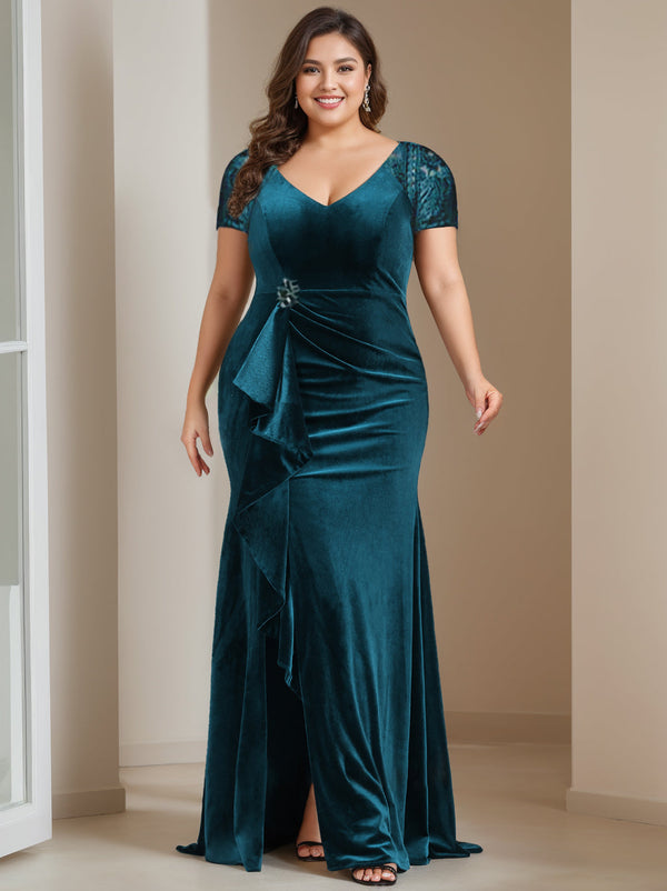 Trumpet/Mermaid V-Neck Short Sleeves Floor-Length Plus Size Velvet Mother Of The Bride Dresses With Ruffles & Appliques BabaMila