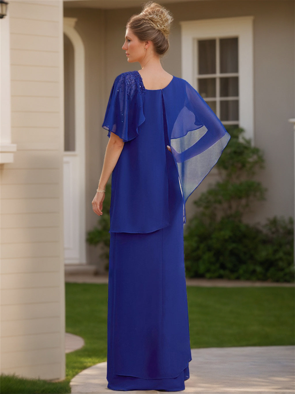 Sheath/Column Chiffon Floor-Length Short Sleeves Asymmetrical Ruffle Mother Of The Bride Dresses BabaMila