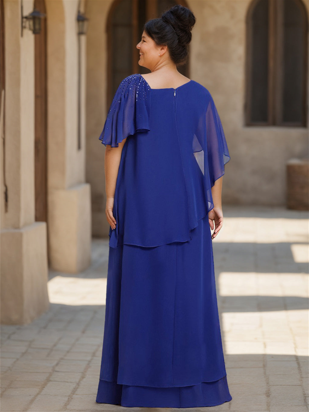 Sheath/Column Chiffon Floor-Length Short Sleeves Asymmetrical Ruffle Mother Of The Bride Dresses BabaMila