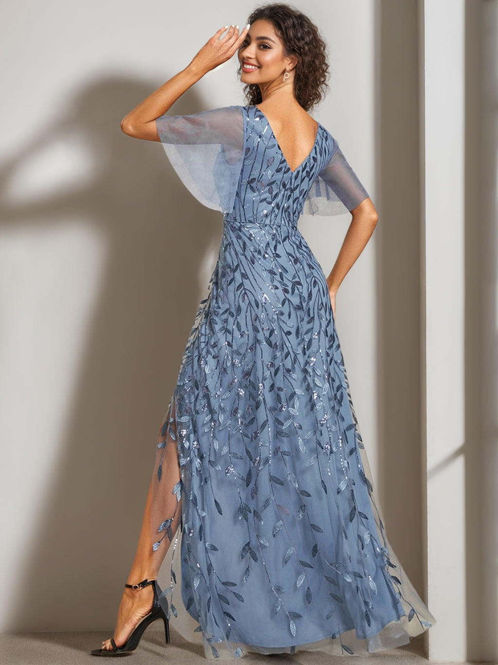 A-Line/Princess V-Neck Short Sleeves Asymmetrical Mother Of The Bride Dresses With Sequins BabaMila